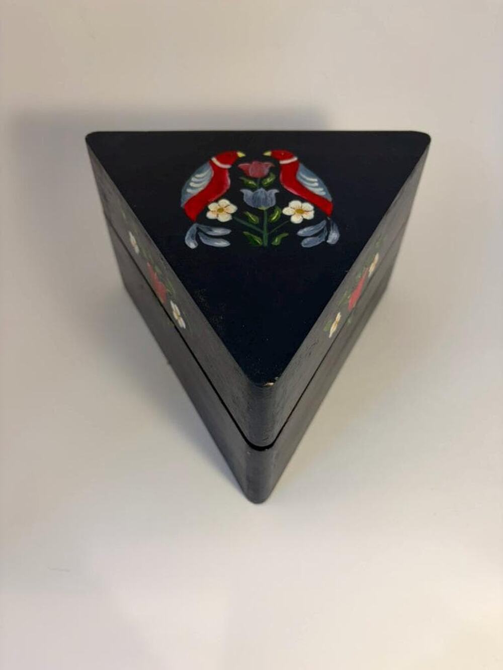 Hand Painted Wooden Triangle Box Birds & Flowers, Folk Art Jewelry Keepsake Box